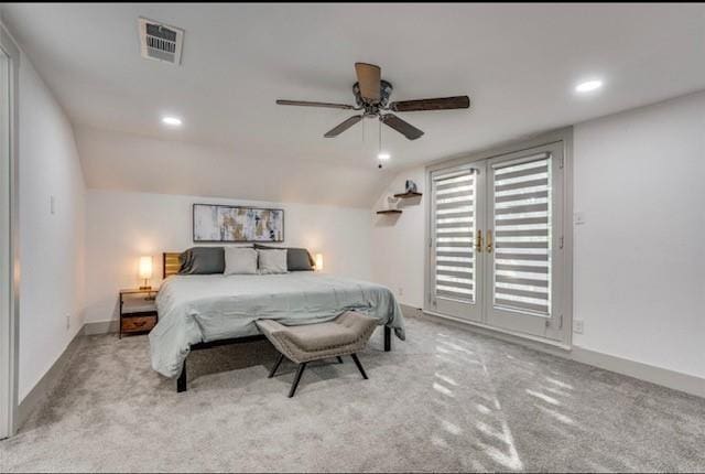 bedroom featuring lofted ceiling, light carpet, ceiling fan, and access to outside