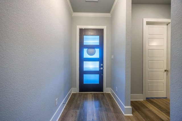 entryway featuring dark hardwood / wood-style flooring and ornamental molding