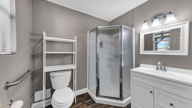 bathroom featuring wood-type flooring, vanity, toilet, and a shower with door