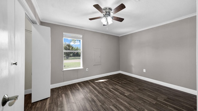 unfurnished bedroom featuring ornamental molding, dark hardwood / wood-style floors, ceiling fan, and a closet