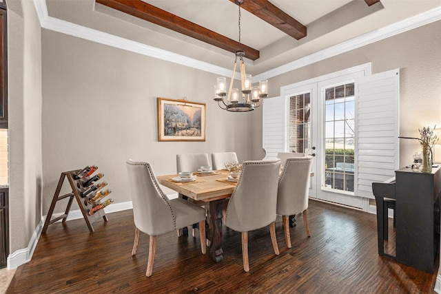 dining space with a chandelier, dark hardwood / wood-style flooring, crown molding, and beamed ceiling