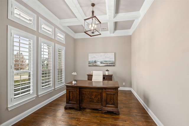 home office featuring coffered ceiling, beam ceiling, a notable chandelier, and dark hardwood / wood-style flooring