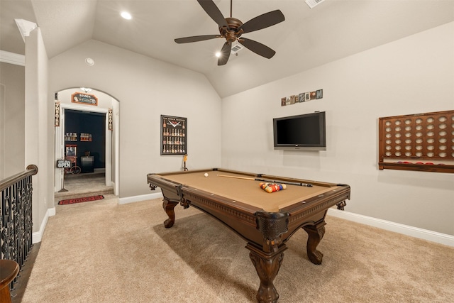 game room featuring ceiling fan, billiards, light carpet, and lofted ceiling