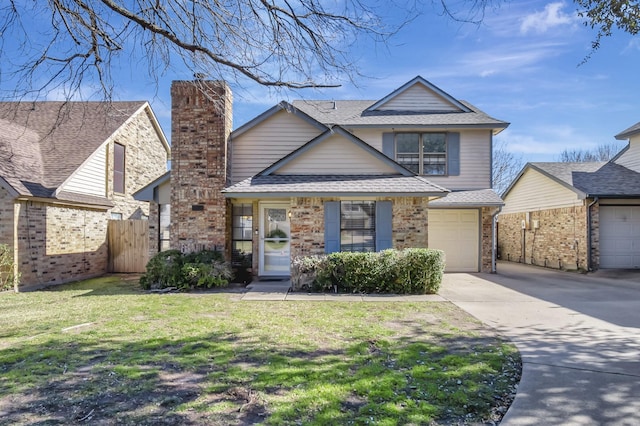 view of front of property with brick siding, roof with shingles, concrete driveway, fence, and a front lawn