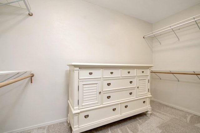 walk in closet with light colored carpet