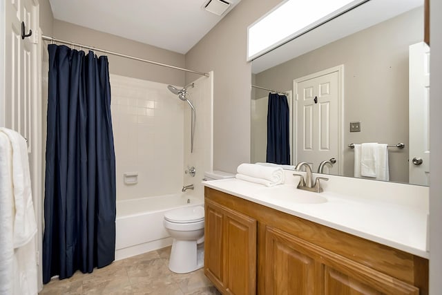 full bathroom featuring toilet, shower / bathtub combination with curtain, and vanity