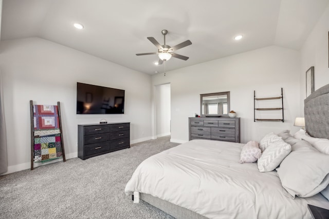 carpeted bedroom featuring ceiling fan and lofted ceiling