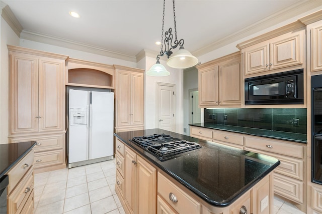 kitchen featuring hanging light fixtures, backsplash, ornamental molding, a kitchen island, and black appliances