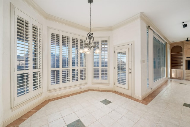 tiled dining area with a chandelier and ornamental molding