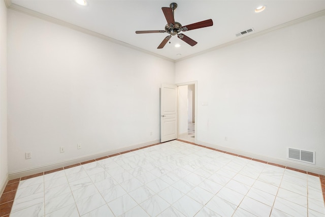 spare room with ceiling fan and ornamental molding