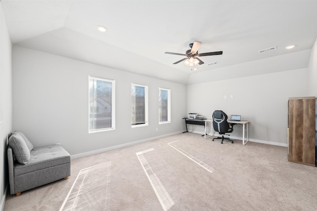 office featuring light carpet and lofted ceiling