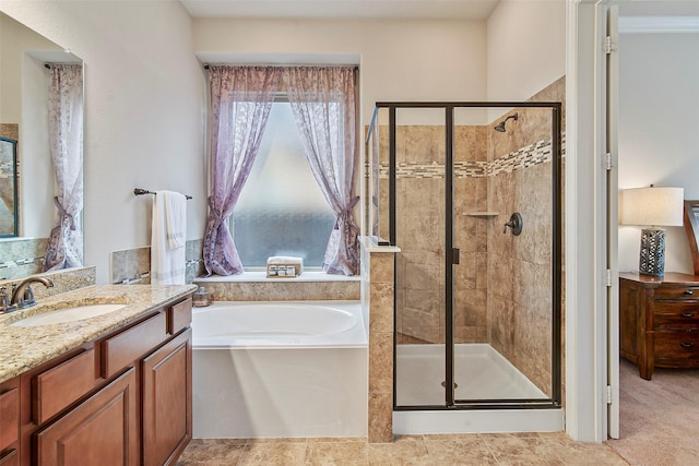 bathroom featuring vanity and plus walk in shower