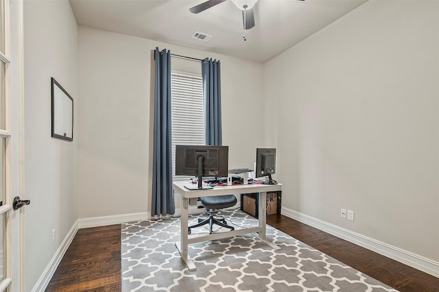 office space featuring ceiling fan and dark hardwood / wood-style flooring