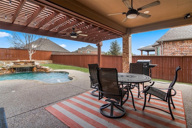 view of patio / terrace with ceiling fan, a pergola, a fenced in pool, and pool water feature