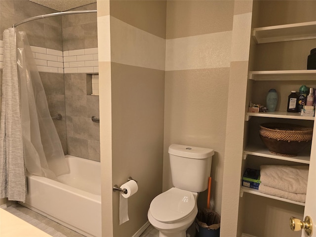 bathroom featuring toilet and shower / bath combination with curtain