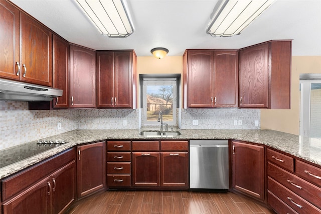 kitchen with black electric stovetop, dishwasher, sink, light stone counters, and dark hardwood / wood-style floors