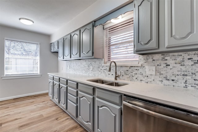 kitchen with sink, stainless steel dishwasher, decorative backsplash, and gray cabinetry