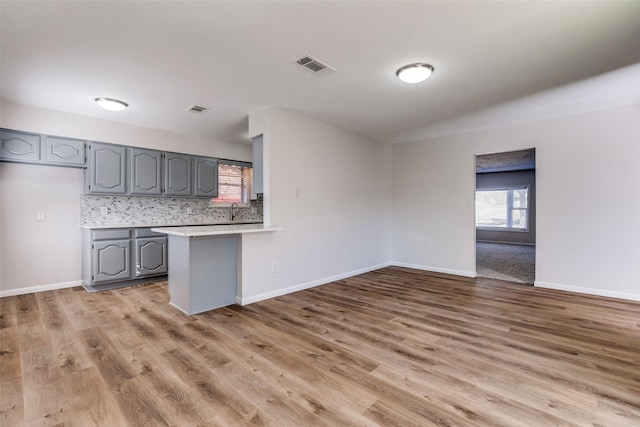 kitchen featuring kitchen peninsula, hardwood / wood-style floors, tasteful backsplash, and gray cabinets