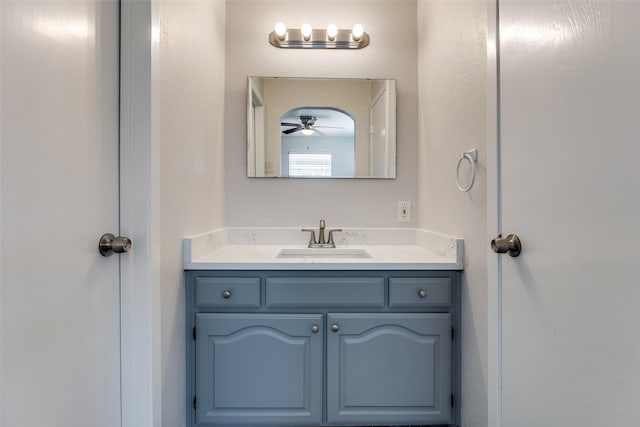 bathroom with ceiling fan and vanity