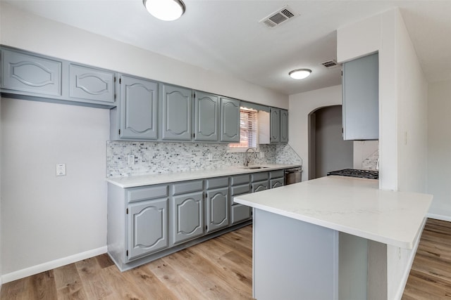 kitchen featuring kitchen peninsula, backsplash, sink, and stainless steel dishwasher