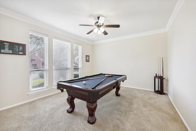 rec room featuring crown molding, light colored carpet, billiards, and ceiling fan