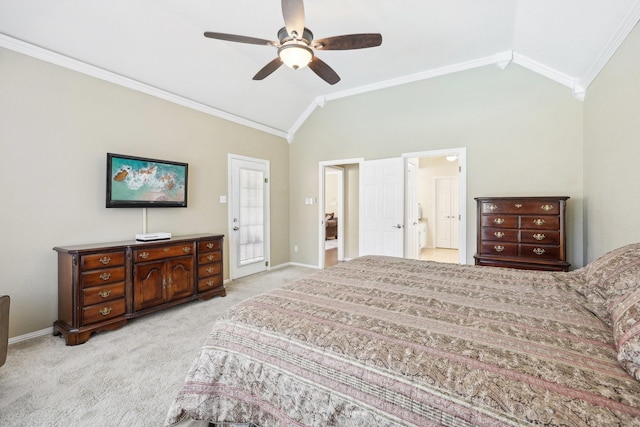 bedroom featuring crown molding, light carpet, vaulted ceiling, and ceiling fan