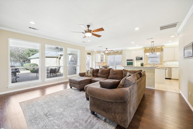 living room featuring sink, a healthy amount of sunlight, ornamental molding, and wood-type flooring