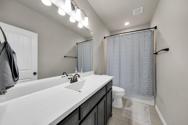 bathroom with toilet, tile patterned flooring, vanity, and a shower with shower curtain