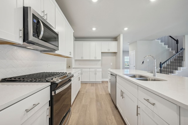 kitchen featuring sink, appliances with stainless steel finishes, white cabinetry, backsplash, and light wood-type flooring