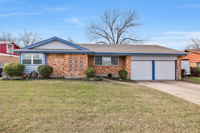 ranch-style home featuring a garage and a front lawn