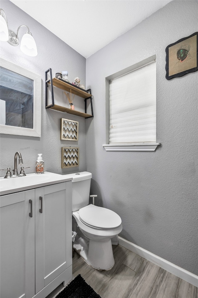 bathroom featuring hardwood / wood-style flooring, toilet, and vanity