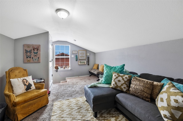 carpeted living room featuring a textured ceiling and vaulted ceiling