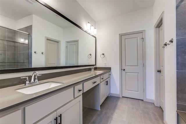 bathroom with vanity, tile patterned floors, and an enclosed shower