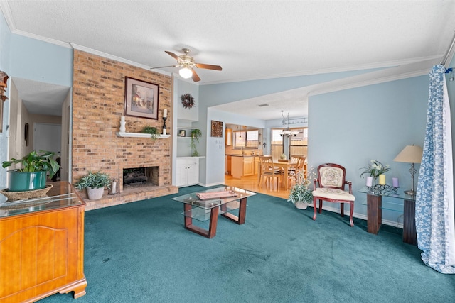 carpeted living room featuring ceiling fan, a brick fireplace, a textured ceiling, ornamental molding, and lofted ceiling