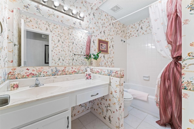 full bathroom featuring vanity, toilet, shower / bathtub combination with curtain, and tile patterned flooring