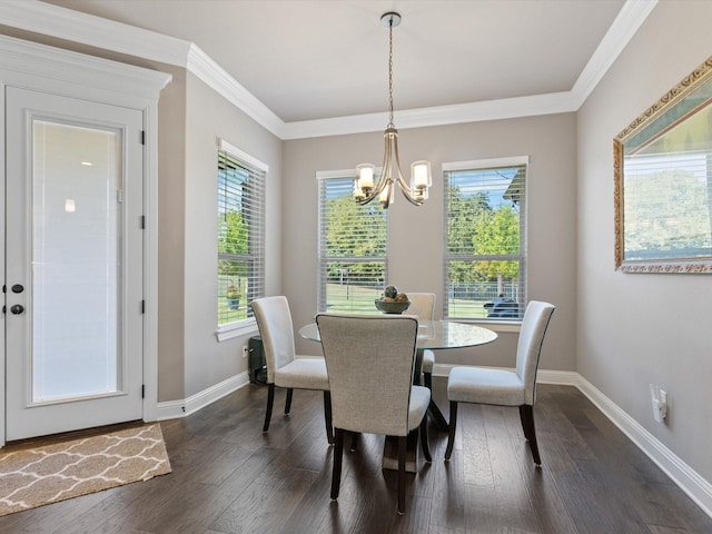 dining space with crown molding, an inviting chandelier, and dark hardwood / wood-style flooring