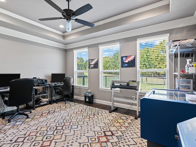 home office with hardwood / wood-style flooring, crown molding, a raised ceiling, and ceiling fan