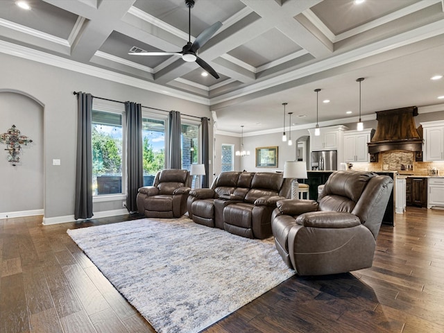 living room featuring crown molding, ceiling fan with notable chandelier, and dark hardwood / wood-style flooring