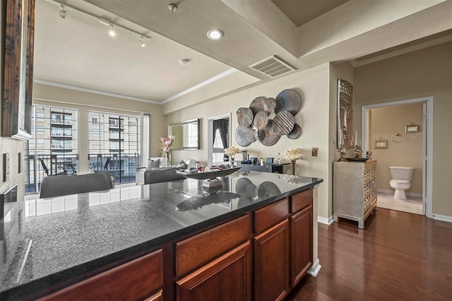 kitchen with dark stone countertops, crown molding, dark wood-type flooring, and rail lighting