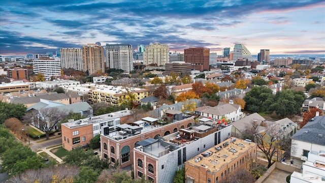 view of aerial view at dusk