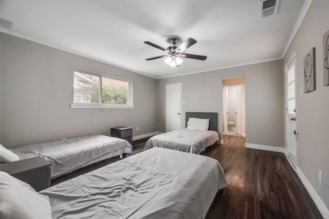 bedroom with dark hardwood / wood-style flooring, ensuite bath, ceiling fan, and ornamental molding