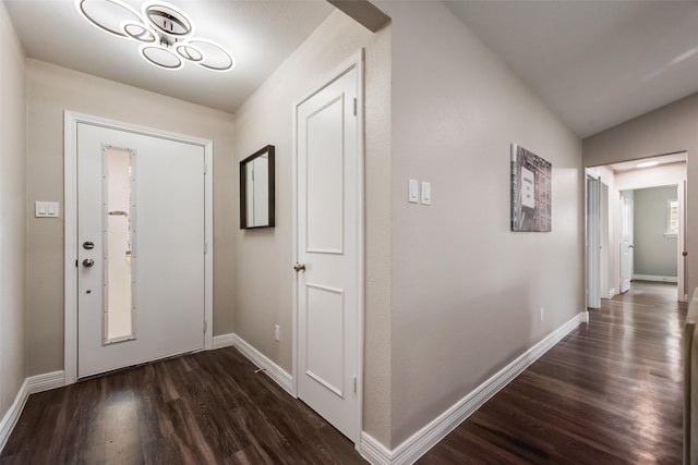 foyer featuring dark wood-type flooring and vaulted ceiling