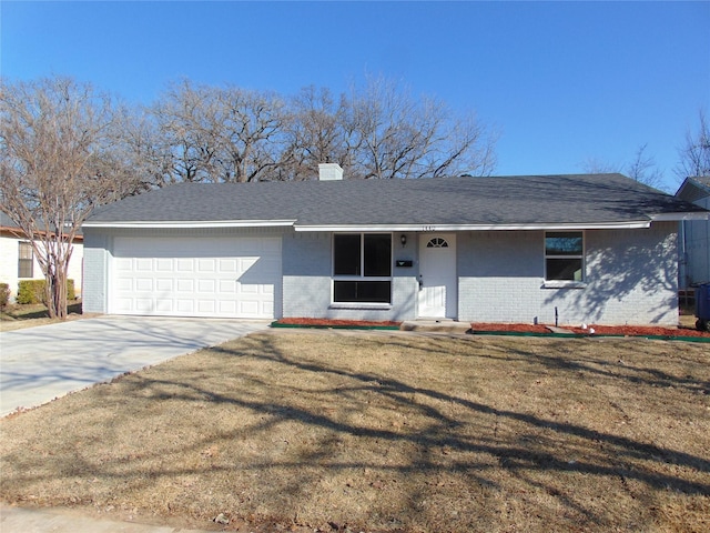 ranch-style house featuring a garage, a front lawn, and central AC