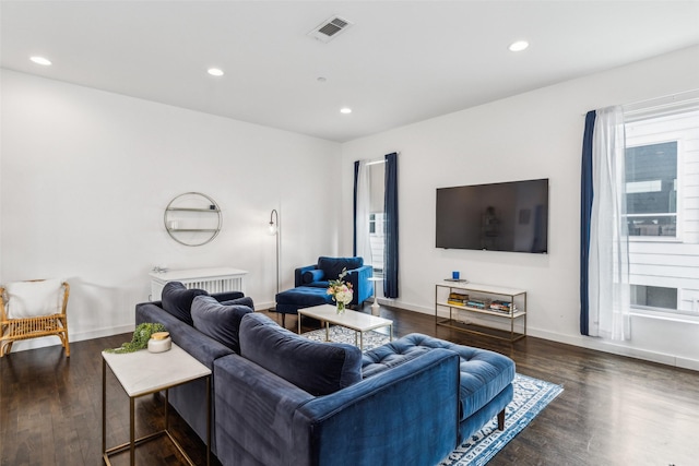 living room with dark hardwood / wood-style floors