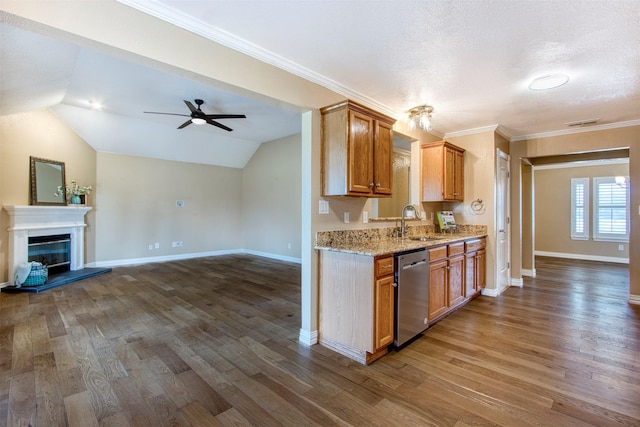 kitchen with sink, dark wood-type flooring, vaulted ceiling, and dishwasher