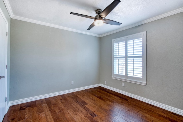 empty room with ceiling fan, hardwood / wood-style floors, crown molding, and a textured ceiling