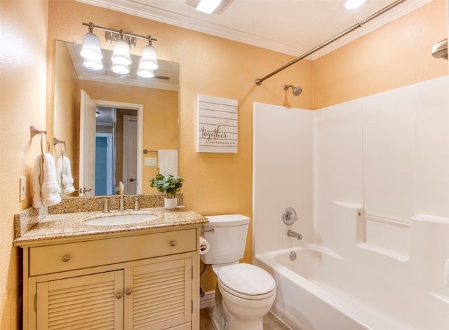 full bathroom featuring shower / bathing tub combination, toilet, vanity, and crown molding