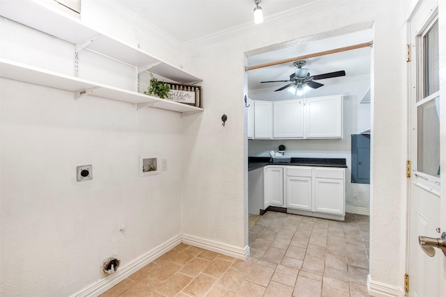 laundry area with ceiling fan, crown molding, hookup for a washing machine, hookup for a gas dryer, and hookup for an electric dryer