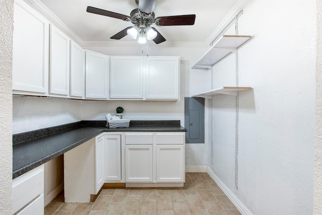 laundry room with electric panel, ceiling fan, and ornamental molding