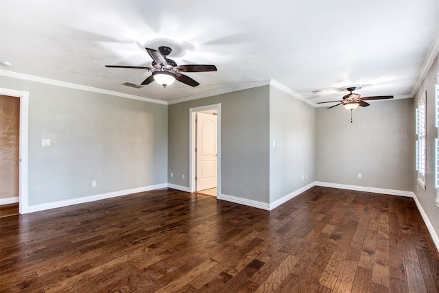 unfurnished room with ceiling fan, dark hardwood / wood-style flooring, and ornamental molding